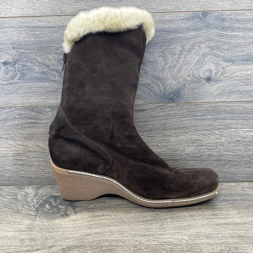 Maxine of Canada Mid-Calf Boots Women 10M Brown Suede Faux Fur Trim Wedge Heel
